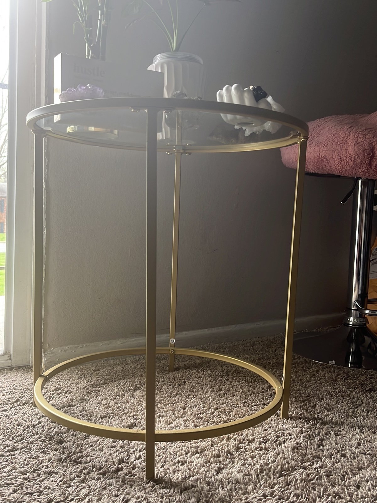 Glass top gold corner table