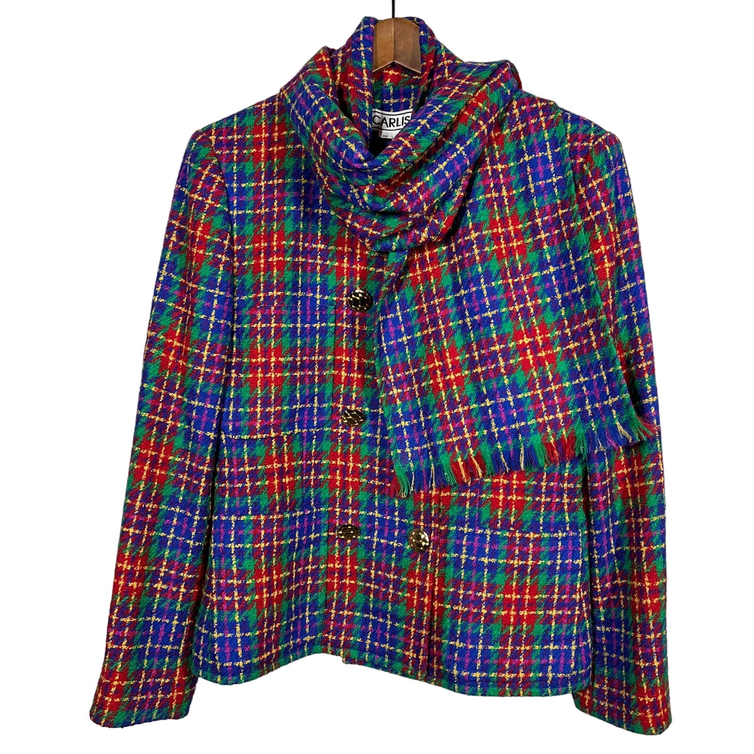Vintage Carlisle Wool Blazer w Scarf Tweed Gold Button Jacket Multi Color 10