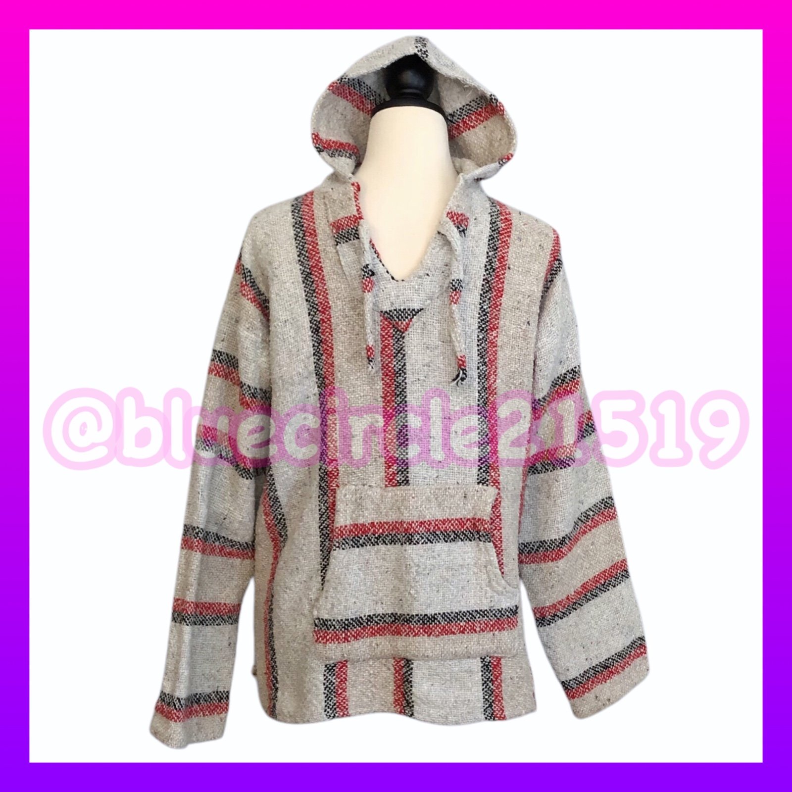 Industrias de Cuauhtenco Baja Authentic Vintage Poncho Hoodie Woven Striped Lg