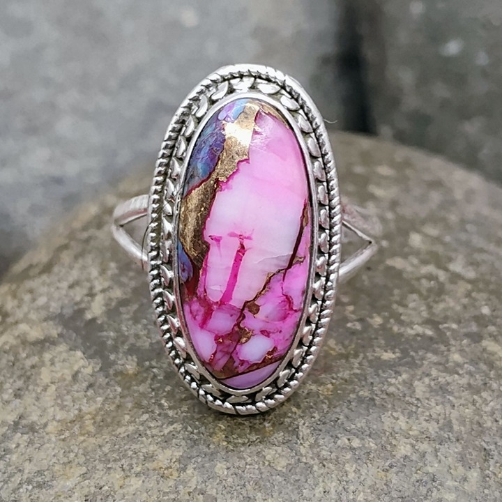Southwest Pink Dahlia Spiny Oyster Turquoise Sterling Silver Ring Size 6.5