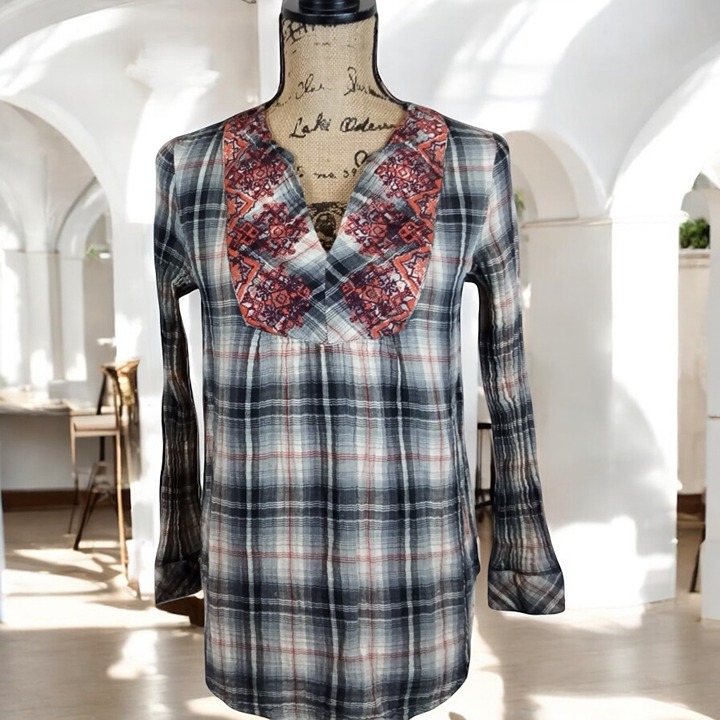 Sundance Plaid Embroidered Cottage Western Long Sleeve Peasant Top XS