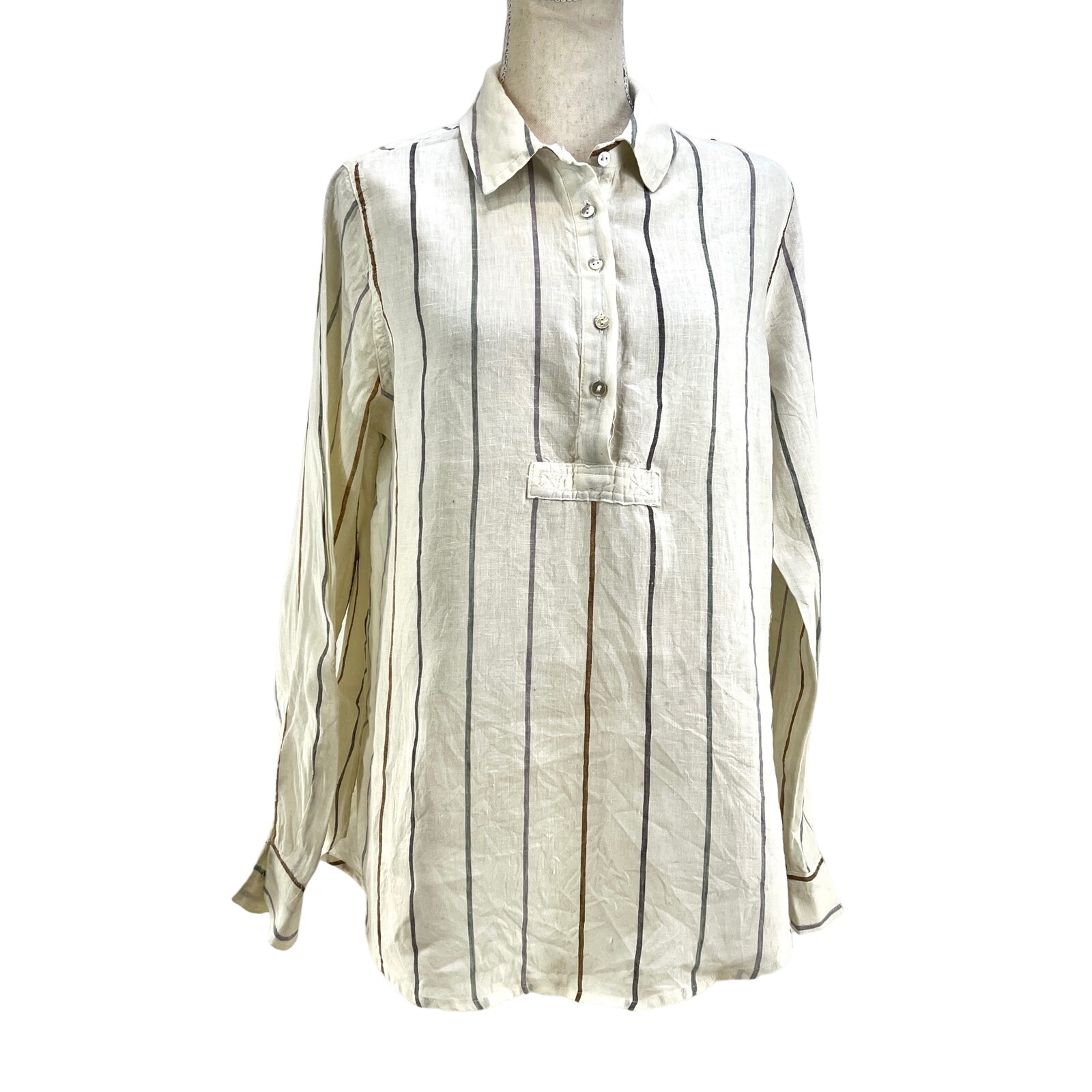 Artisan NY Linen Stripe Shirt Long Sleeve Pop Over Ivory Tunic