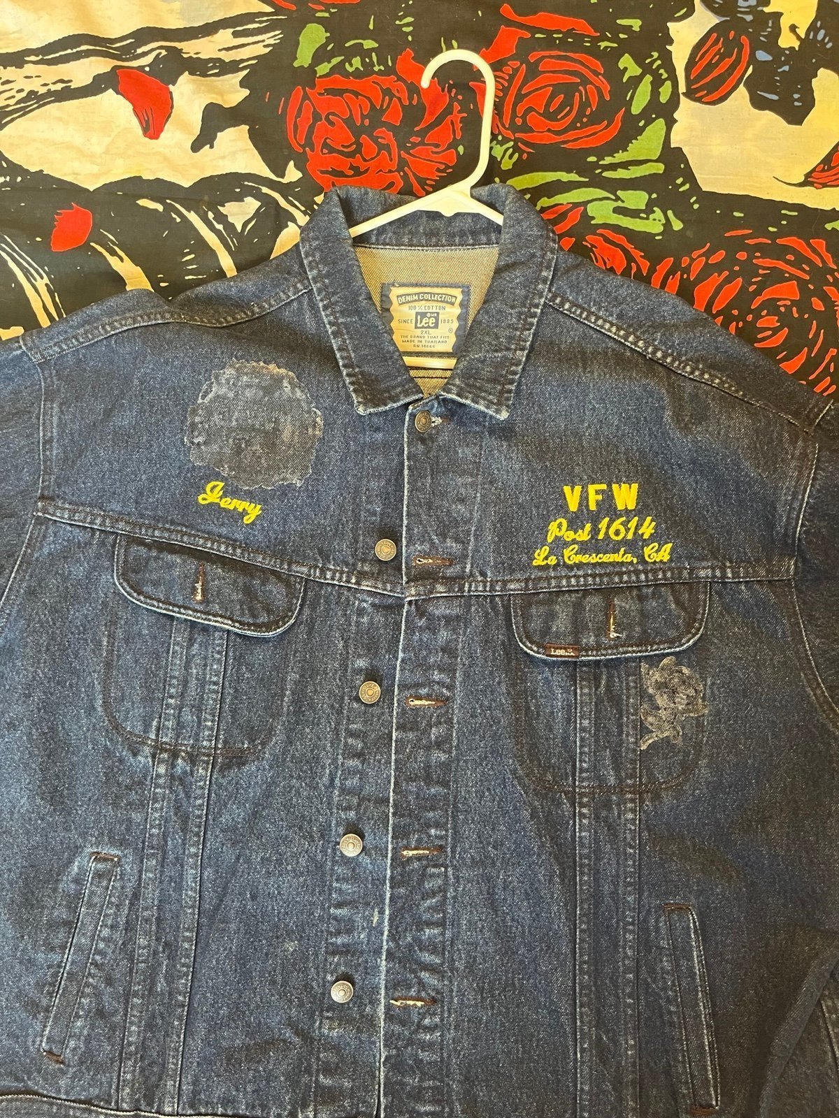 Vintage Lee Denim jacket 2XL - embroidered Jerry- VFW VETERAN - Big Man Vintage
