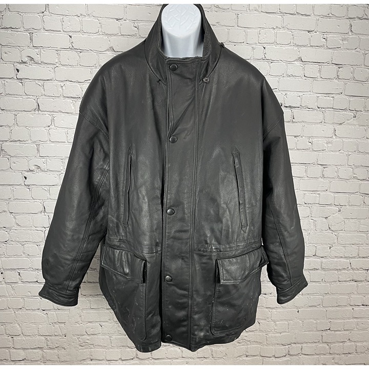 Joshua Ross Black Leather Insulated Heavy Lined Zipped Snapped Coat Size 3XL