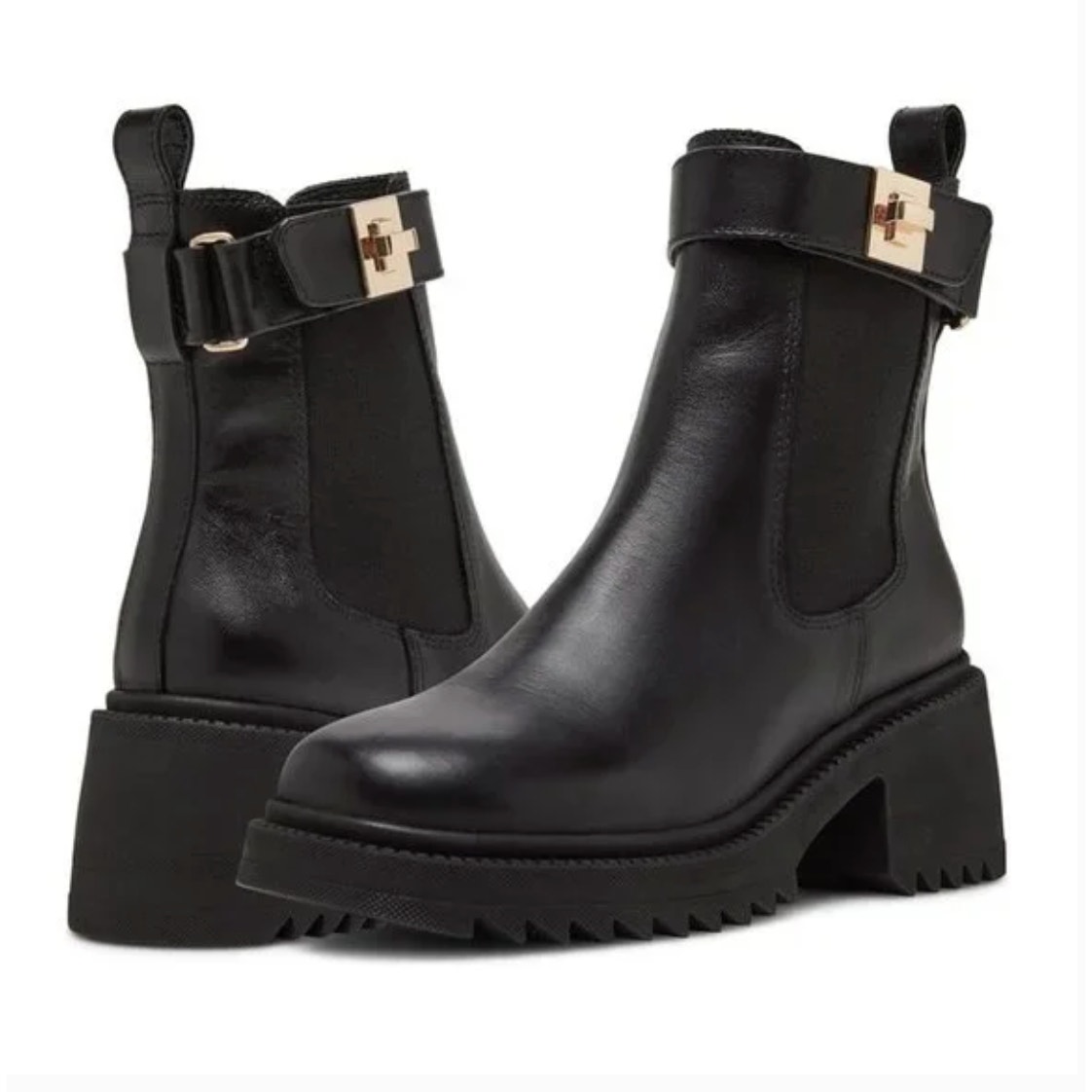 Steve Madden Gates Boots 8.5 Black NWOT Leather Buckle Chelsea Booties Lug