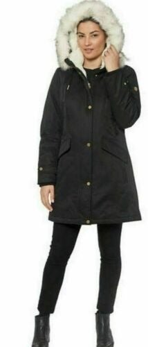 NWT Women's Parka Coat Beige Cream Black Furry Hood