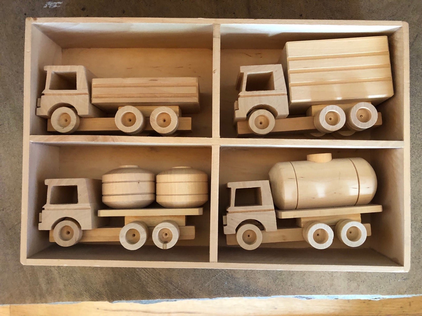 Crate and Barrel Wooden vintage collectible NWOT set of 4 hand made trucks toy