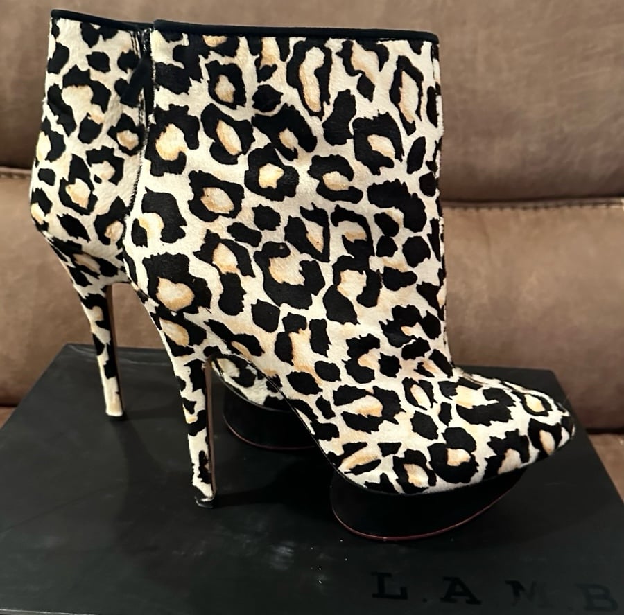 L.A.M.B. Leopard Print Calf Fur Bootie Platform Pulps