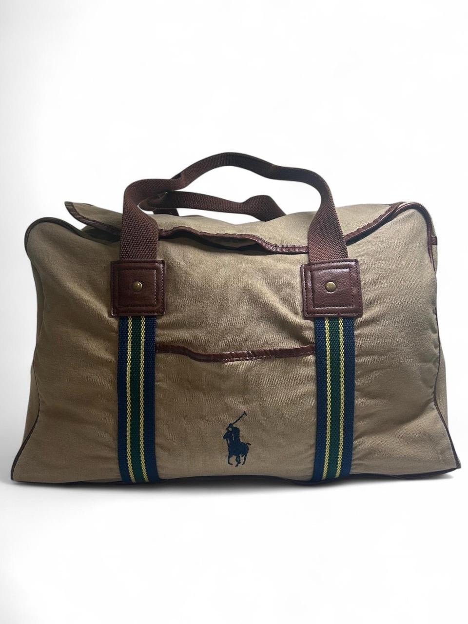 Polo Ralph Lauren Canvas Duffle Bag Weekender Tote – Khaki Navy Straps Leather