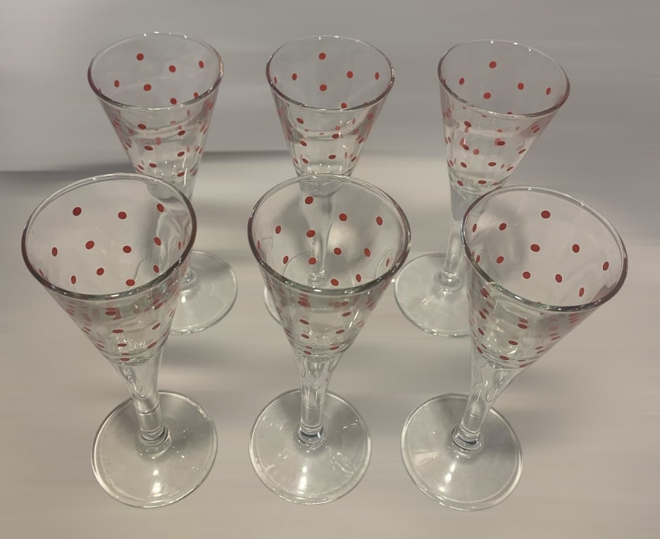 6 Vintage Mid Century Modern Liqueur /Cordial Stemmed Shot Glasses Red Polka Dot