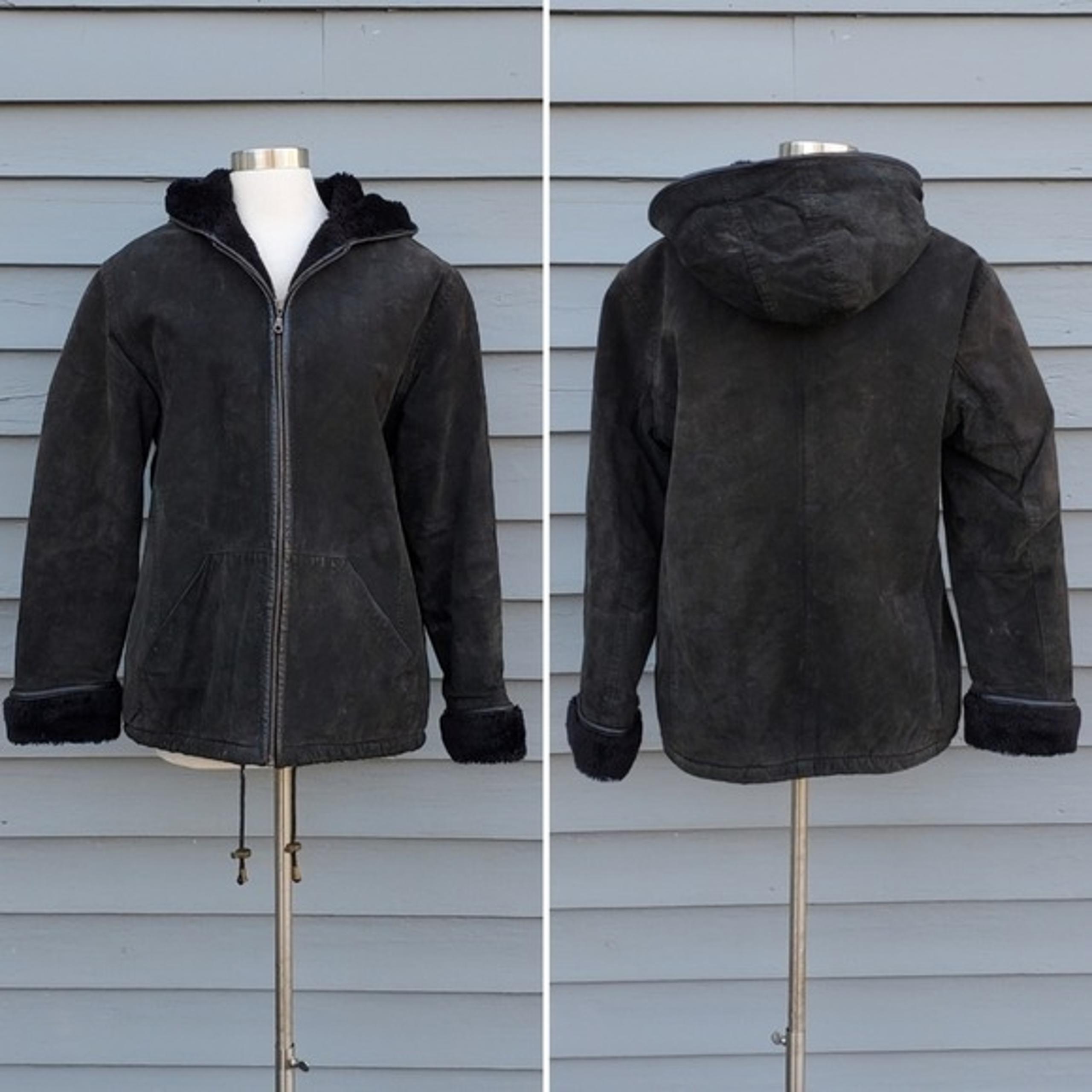 Vintage 90s y2k Black Suede Leather Faux Fur Lined Hooded Coat Jacket Small