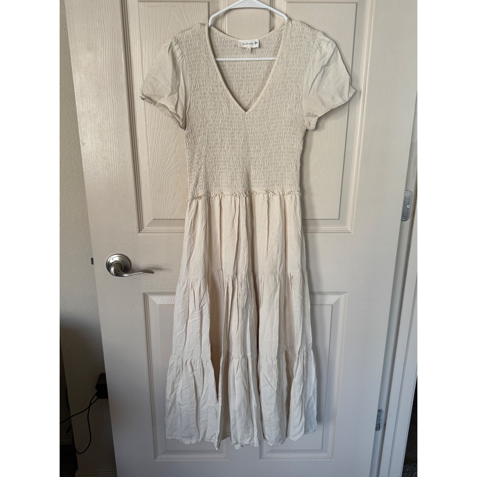 Bohme Smocked Tiered Maxi Dress Casual V Neck Short Sleeve Beige Size S S1