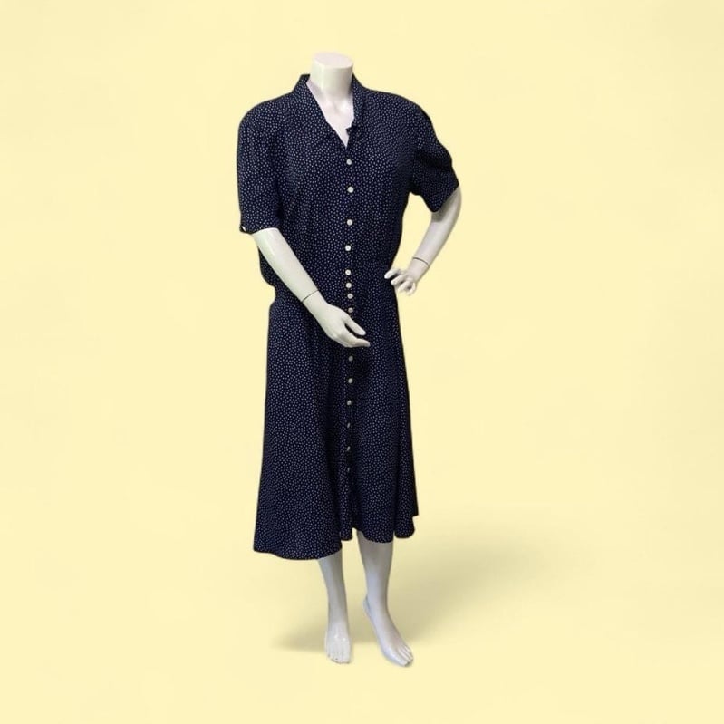liz claiborne dress 14 Pokadot Navy Blue Retro Maximalist Classic Feminine Y2K