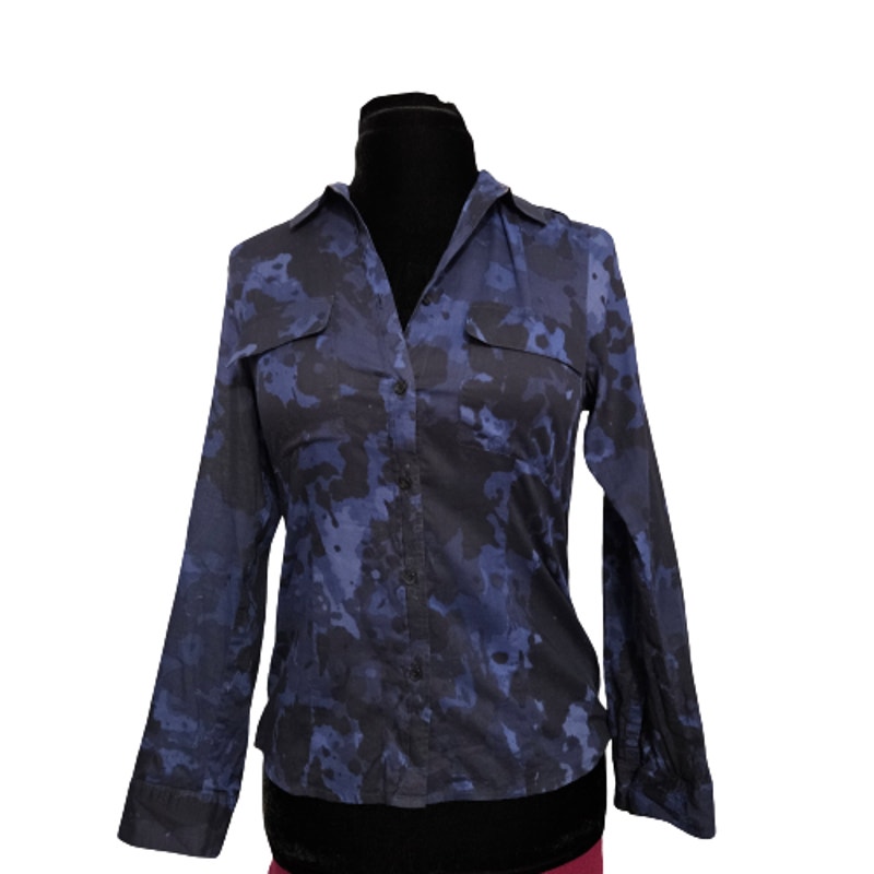 Michael Kors Blue and Black Cotton Button Down Long Sleeve Top Small