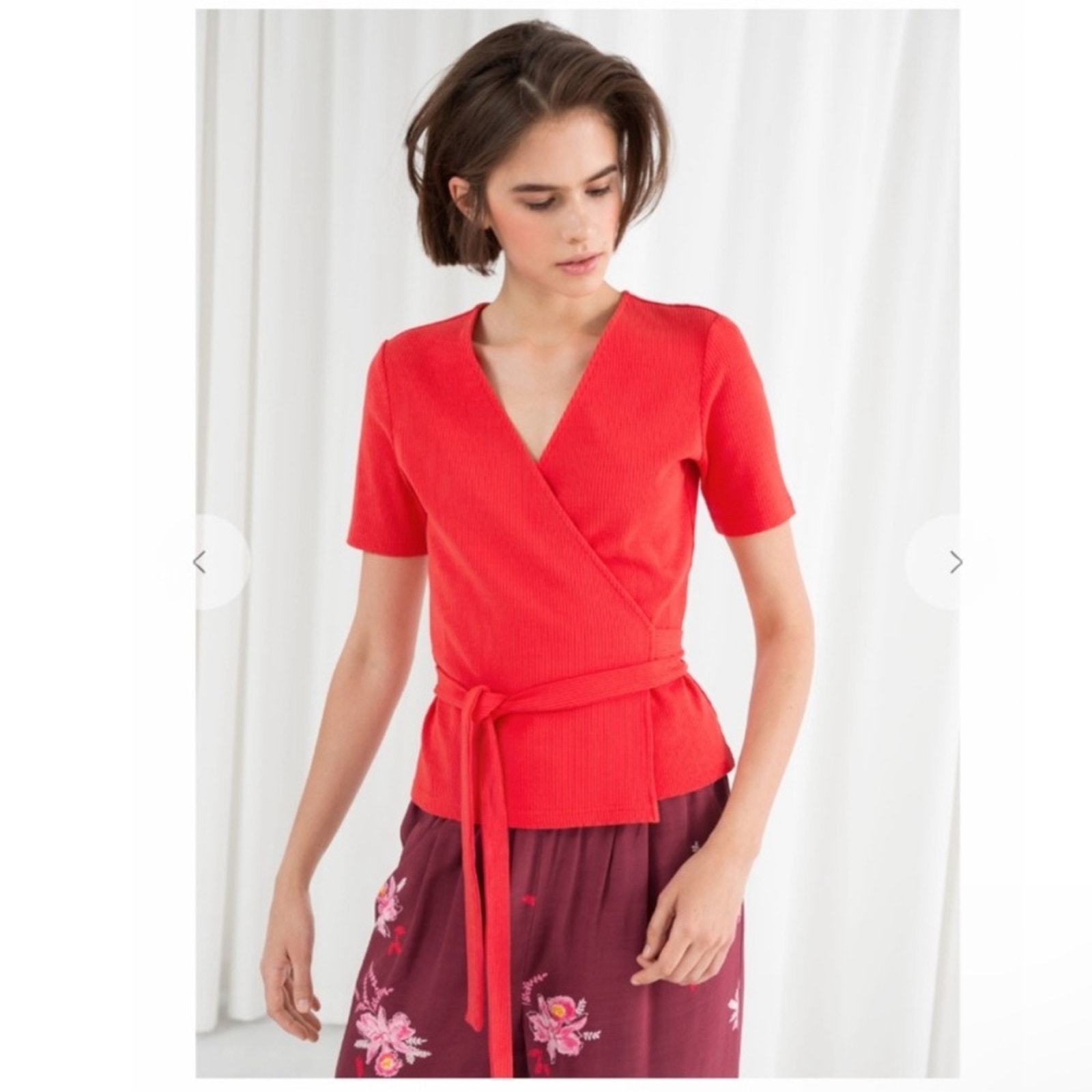 & Other Stories Red Ribbed True Wrapped Top