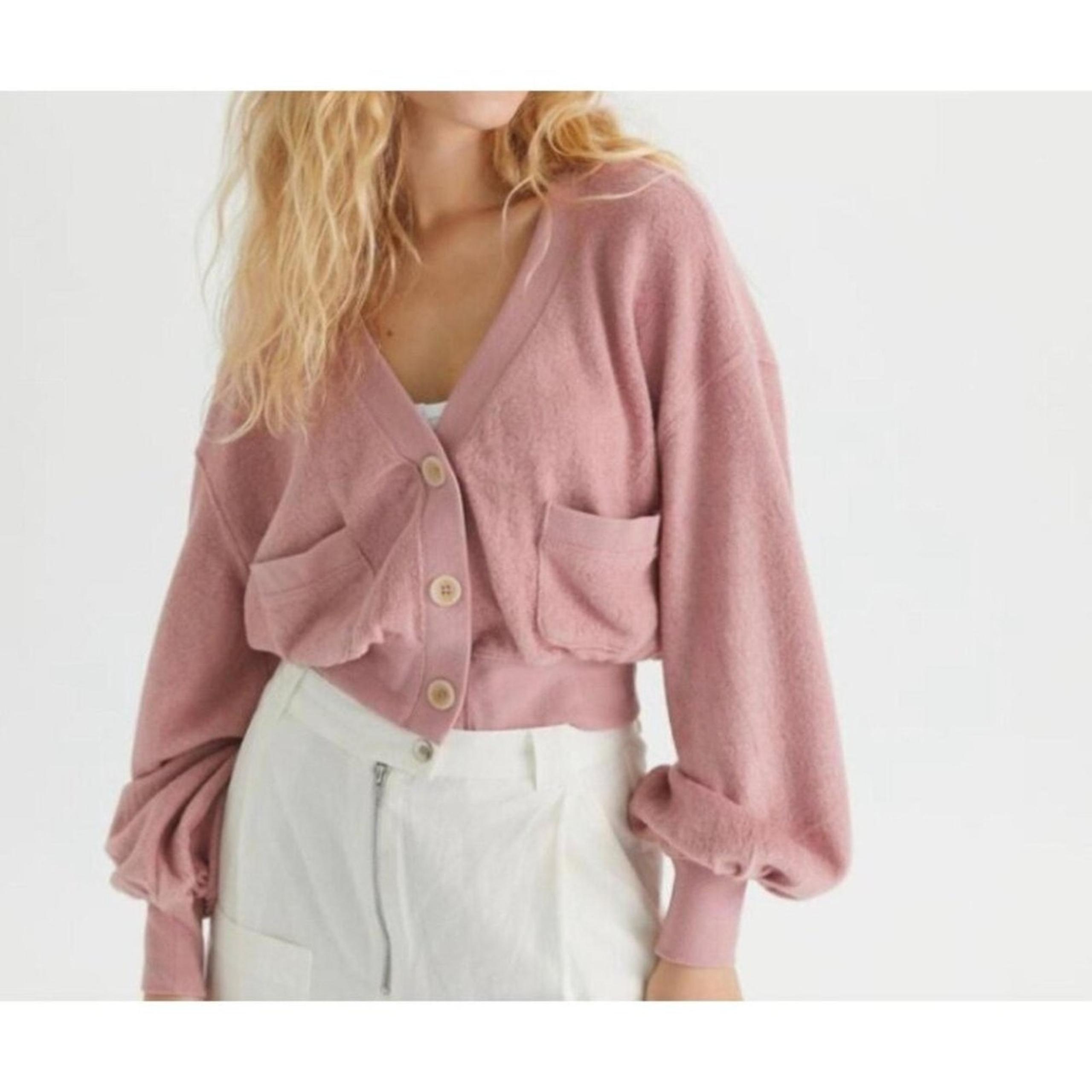 URBAN OUTFITTERS WOMEN'S PINK SOFIA POCKETS V-NECK SWEATER TOP SIZE SMALL