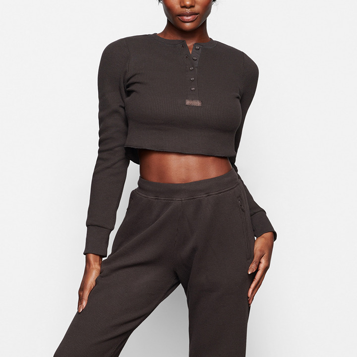 SKIMS Waffle Loungewear Set in Dark Chocolate, Cropped Henley and Joggers