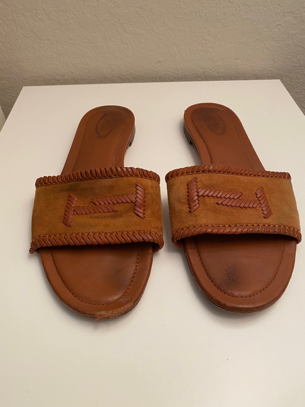 Tod’s leather-trimmed whipstitched suede slides size 38.5