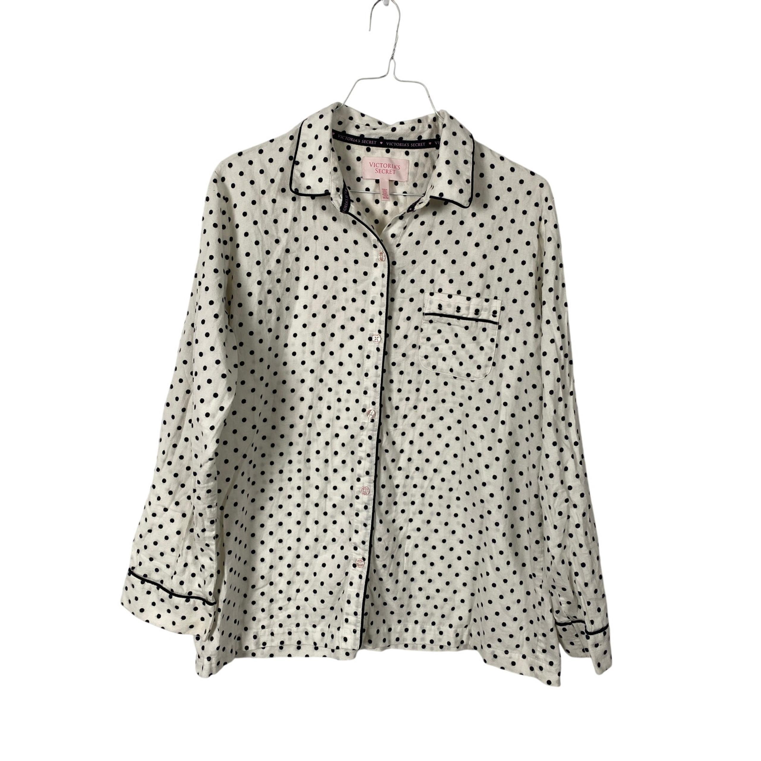 Victoria's Secret Women White Polkadot Cotton Pajama Top LS Button Up Size M