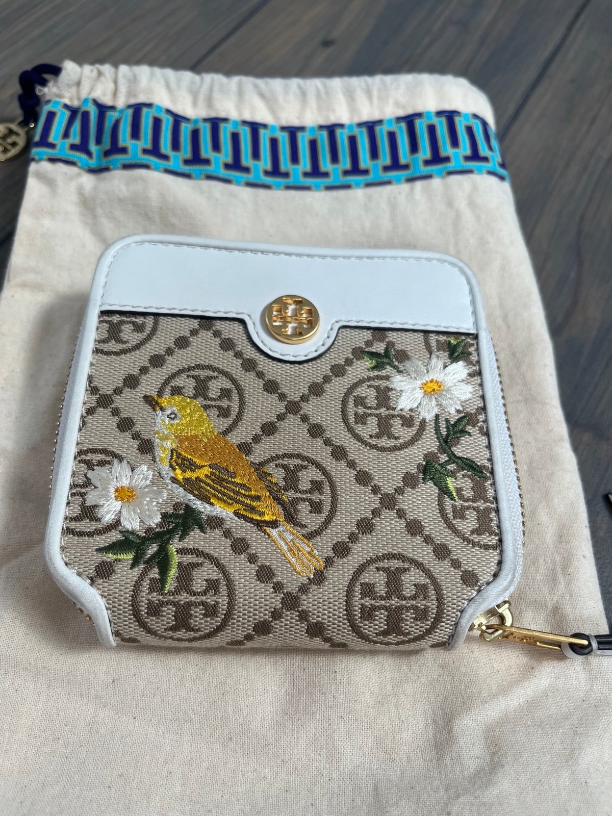 Tory Burch t monogram bifold wallet embroidered flower and bird