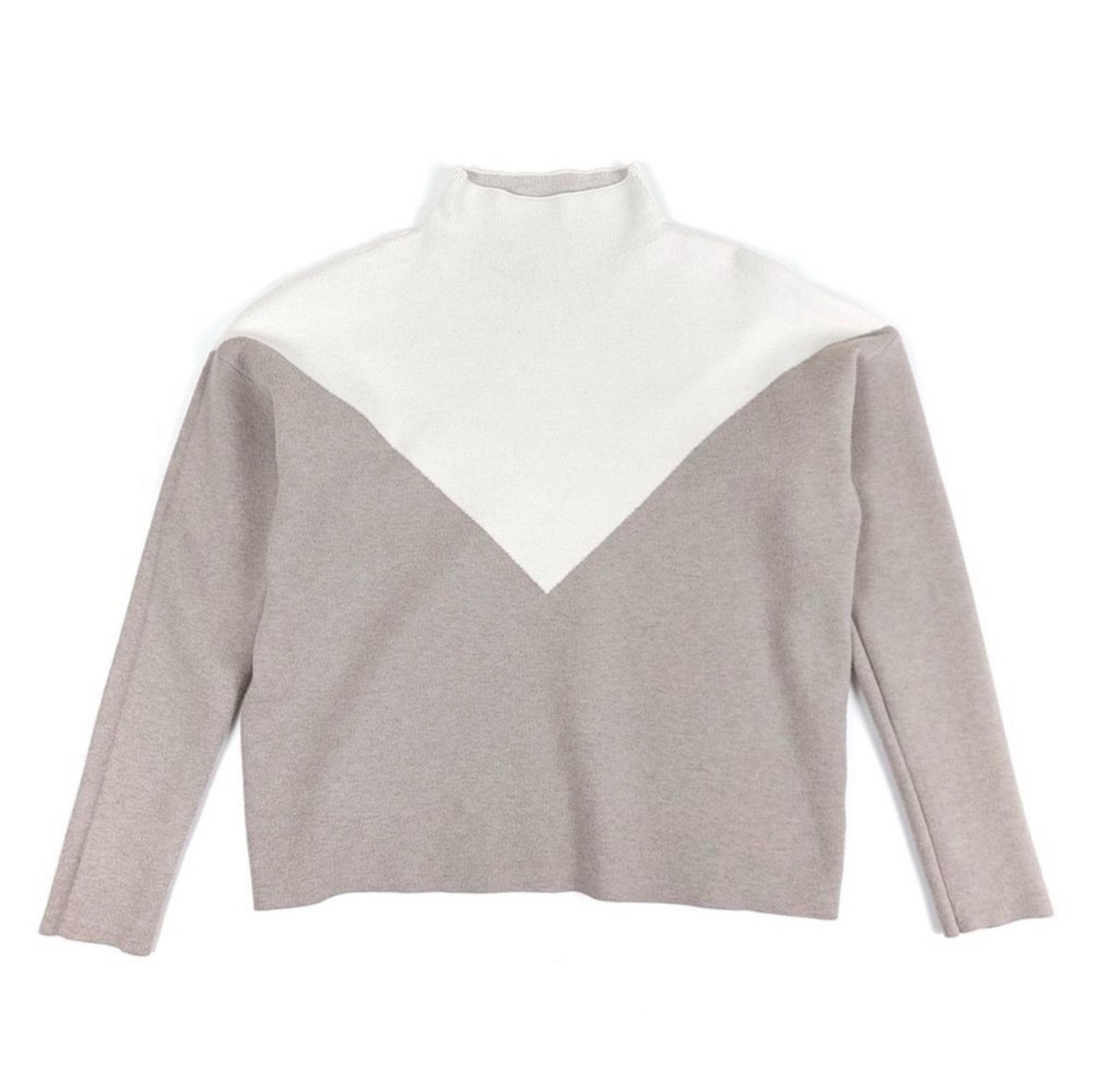 CYNTHIA ROWLEY Chevron Color Block Mock Neck Pullover Sweater Taupe Womens XS