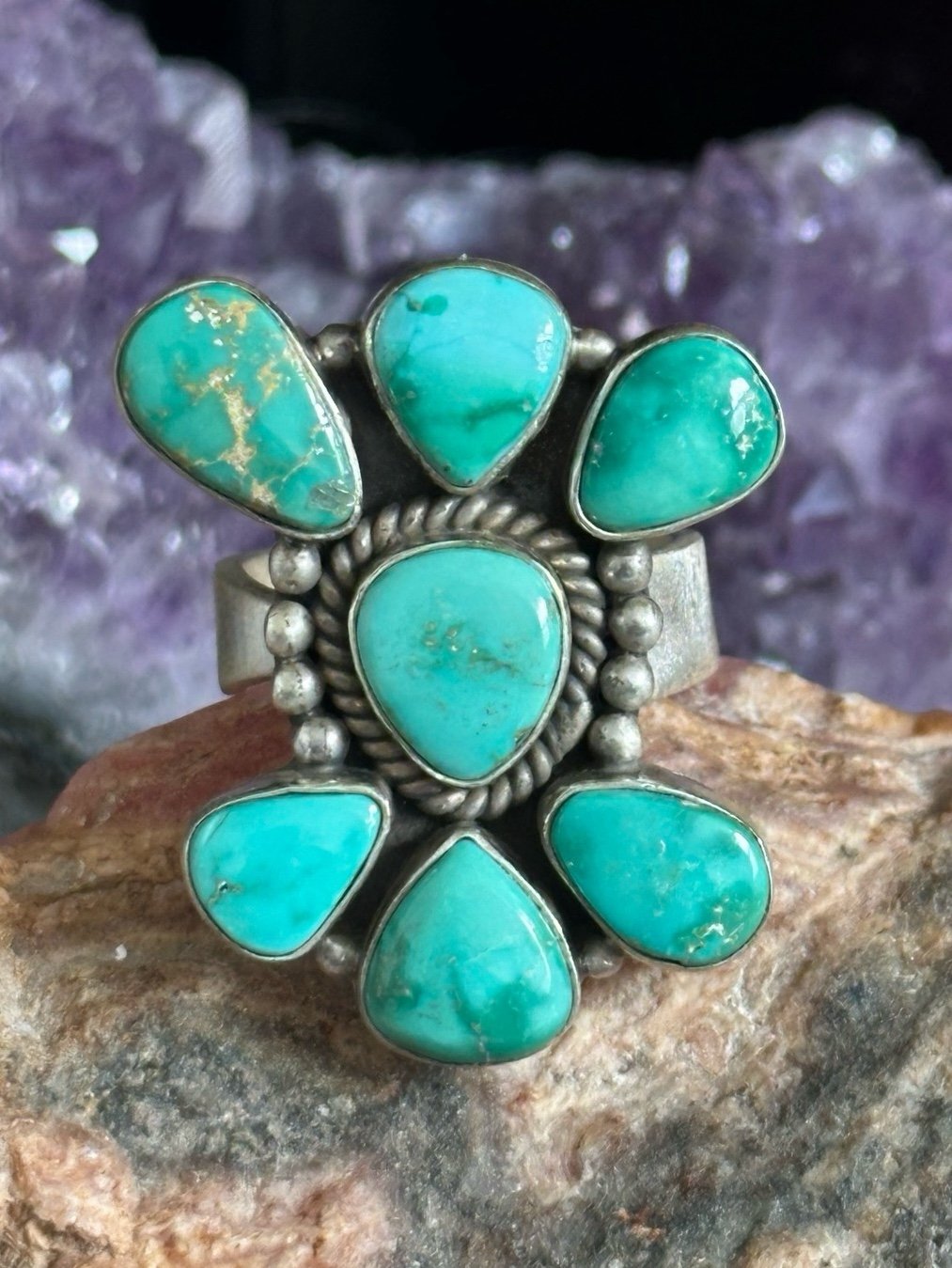 Emerald Valley Turquoise Cluster Southwestern Sterling Silver Ring
