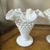 Lot Of 3 Vintage Fenton Hobnail Milk Glass Ruffled Handkerchief Vases 6” 6.5”