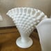 Lot Of 3 Vintage Fenton Hobnail Milk Glass Ruffled Handkerchief Vases 6” 6.5”