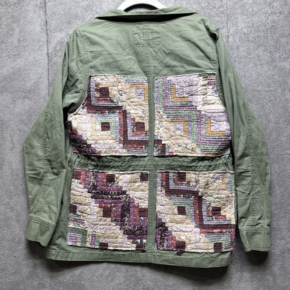 Quilted Jacket Womens Large Green Vtg Patch Military Army Upcycled Cabin Chore