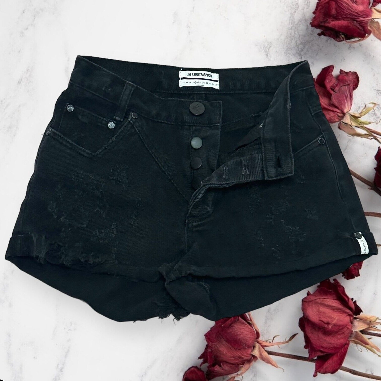 ONE TEASPOON HAWKS Relaxed Jean Shorts High Rise Twisted Cuff Ripped Black 26