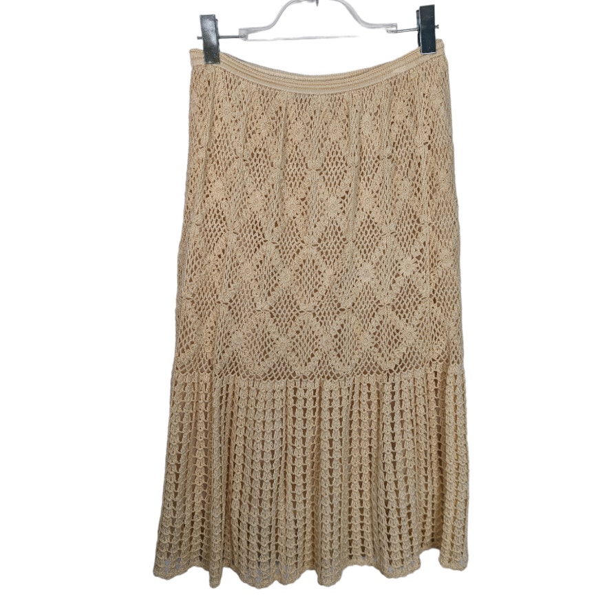 Vintage 90's Y2K Ivory A Line Midi Crochet Skirt Lined Elastic Waist Cotton Med