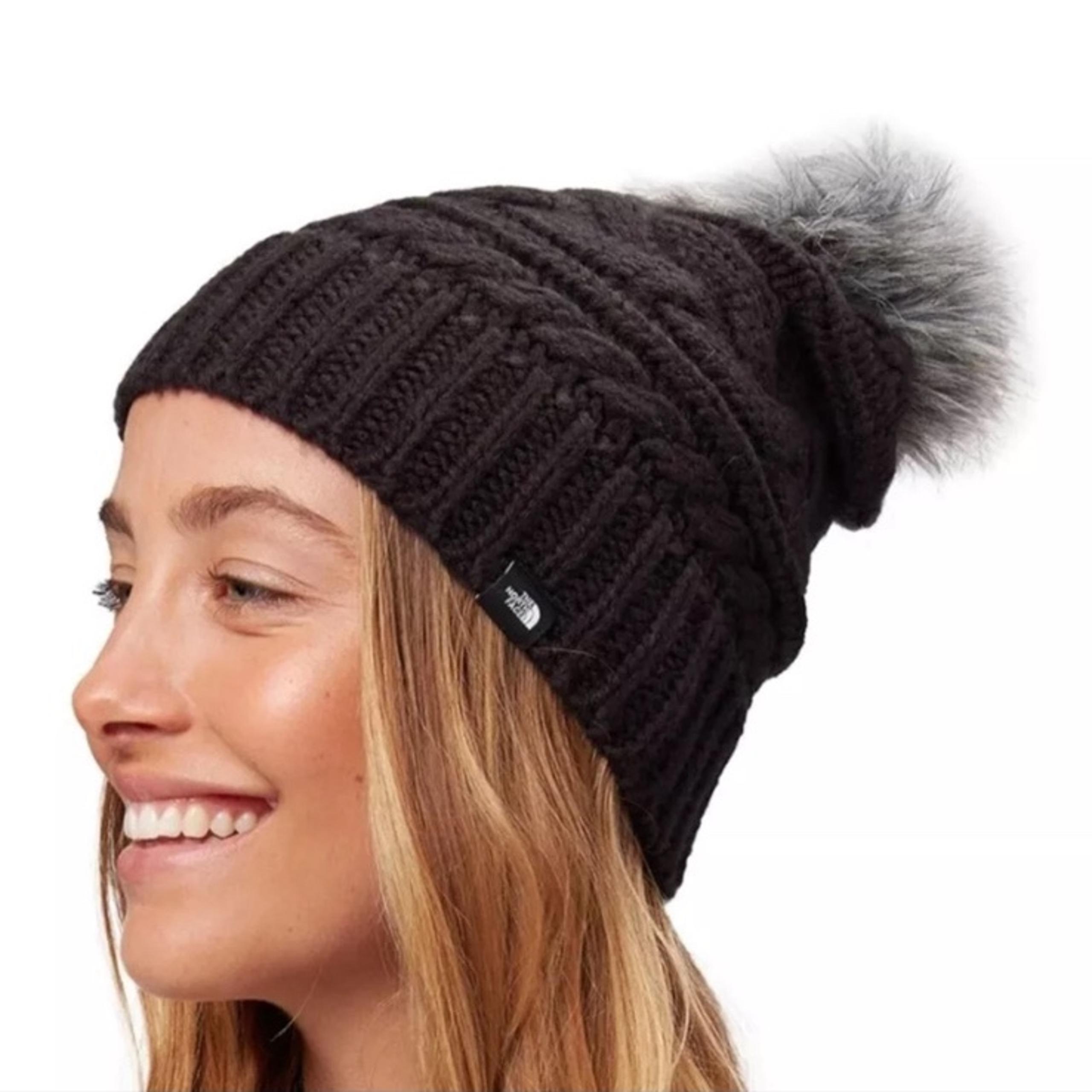 The North Face Black Triple Cable Winter Faux Fur Pom Pom Beanie Hat Women's OS