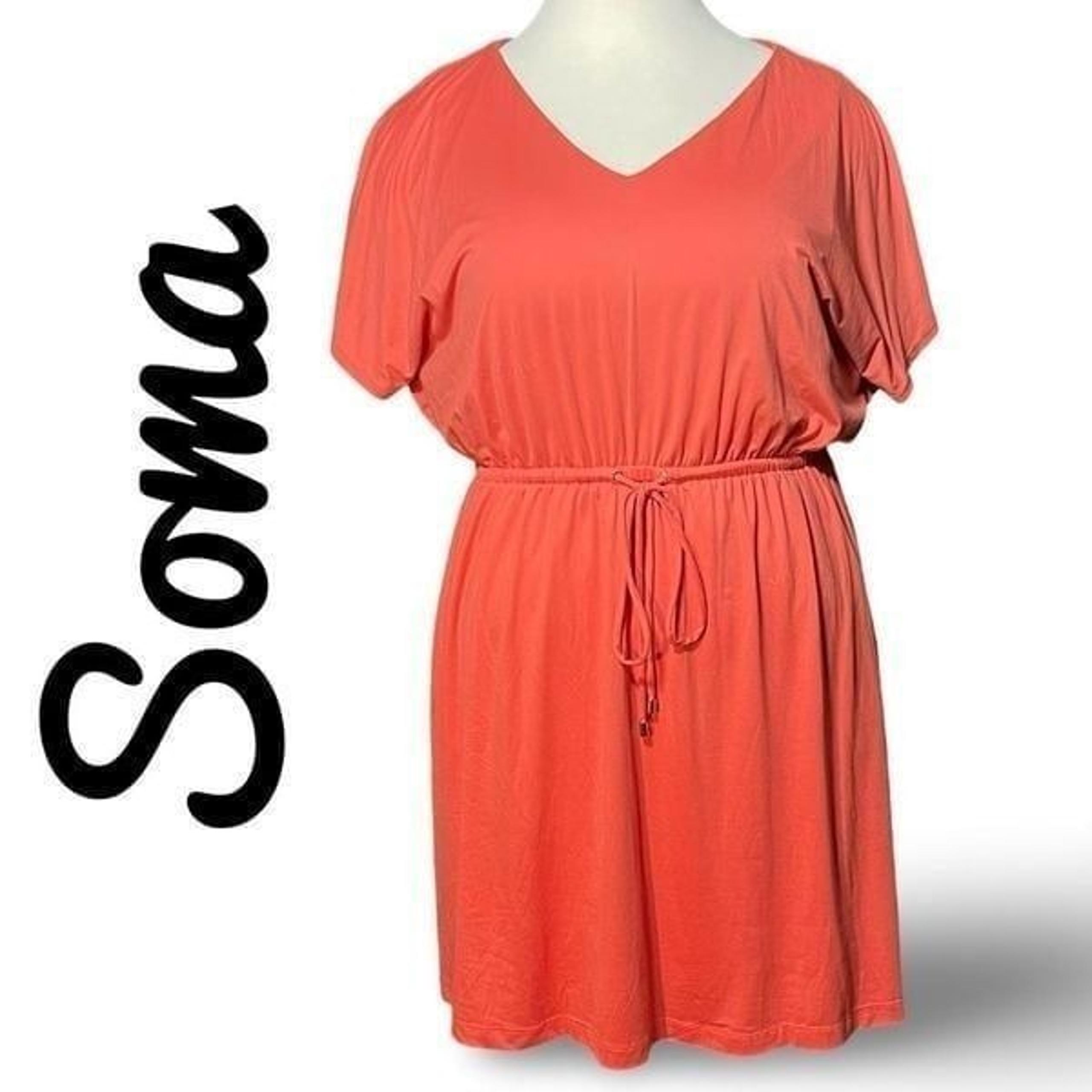 SOMA Jersey Soft, Vivid Coral Dress, Pockets, Flutter Sleeves, Drawstring Waist