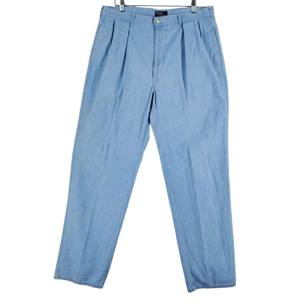 Vtg Polo Ralph Lauren Pants Men 38x34 Blue Pleated Hi Rise Loose Tapered (35x33)