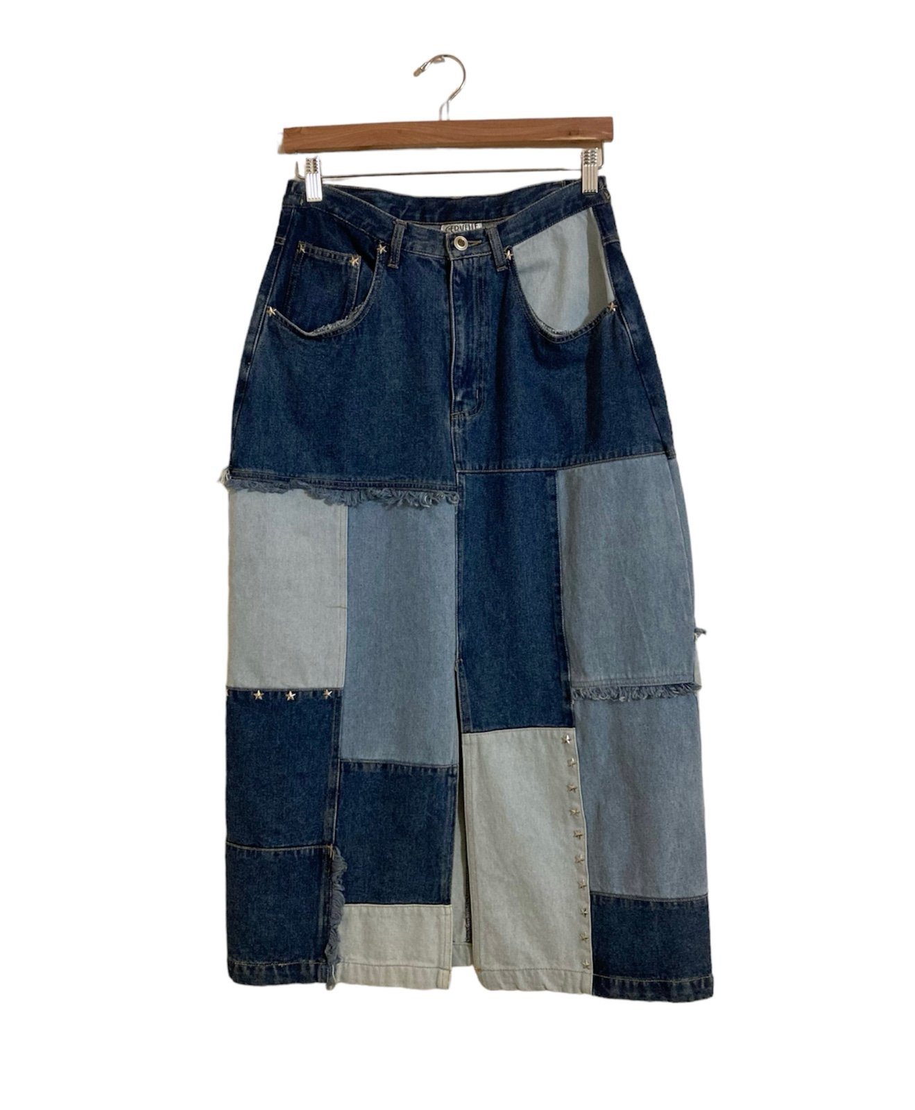 Cervelle Med Cotton Jean Denim Patchwork Split Studded Fringe Maxi Retro Skirt