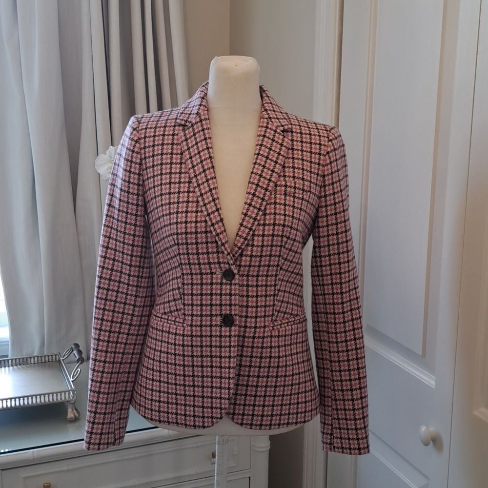 NWOT J. Crew Womens Wool Blend Blazer Pink/Brown/Cream Plaid Print Lined XXS