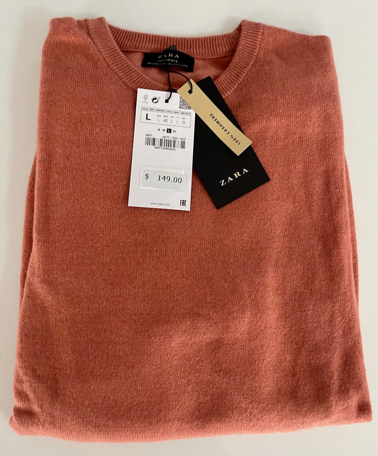men’s Zara 100% Cashmere creamsicle L/S Sweater Large