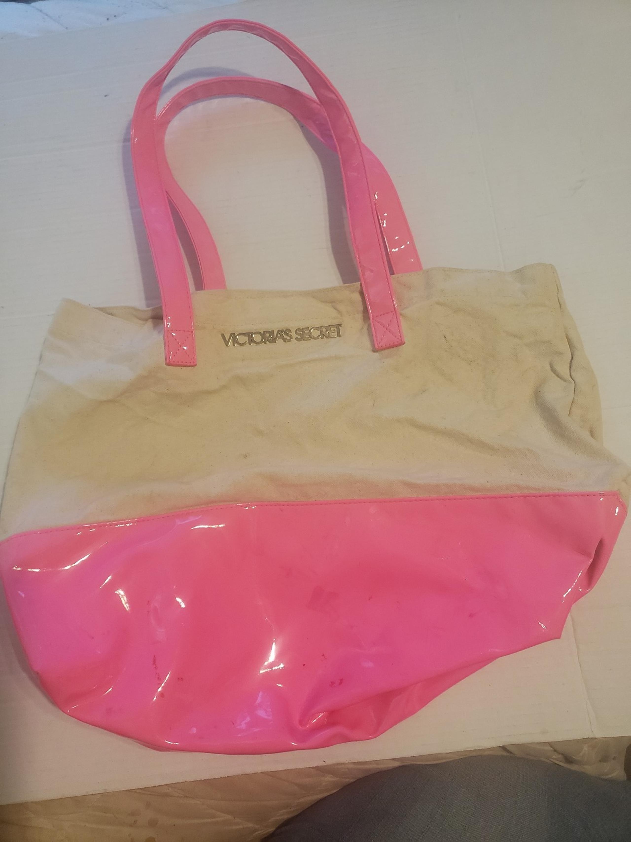 Victoria's Secret 2014 Canvas & Faux Leather Tote Handbag Pink & Beige
