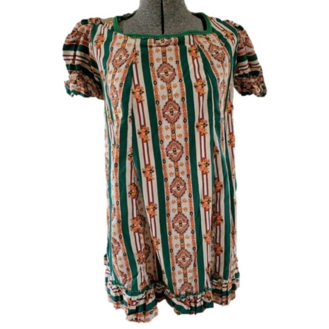 Vintage Handmade Floral Striped Ruffled Dress