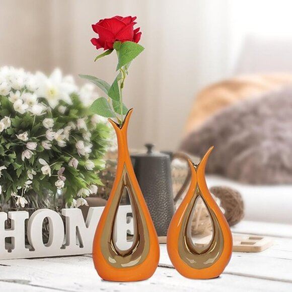 NEW 2 PCS Orange Gold Vase Home Decor Accent Ceramic Vase