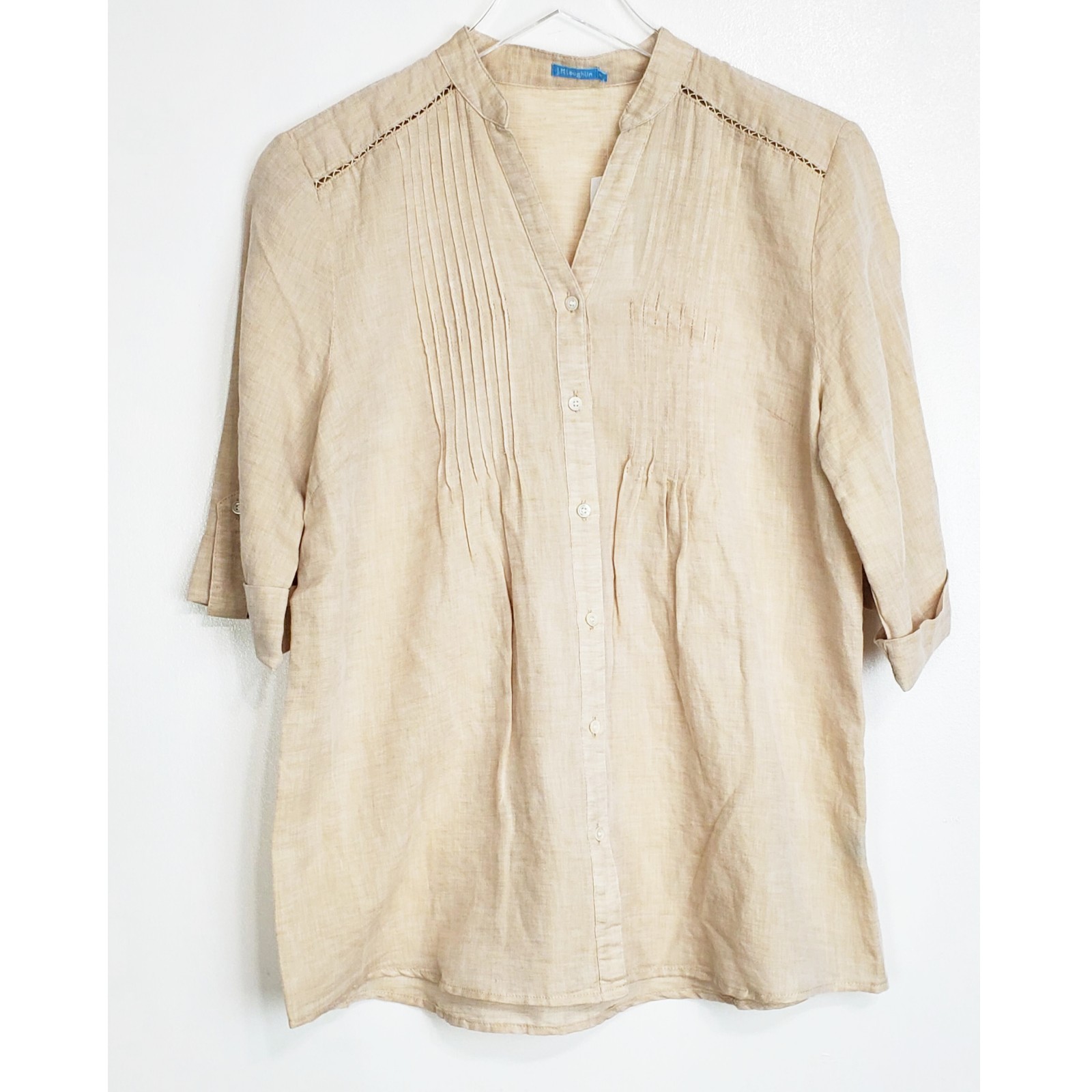 NWT J.Mclaughlin size M linen blend v neck 3/4 sleeve top tan lightweight casual