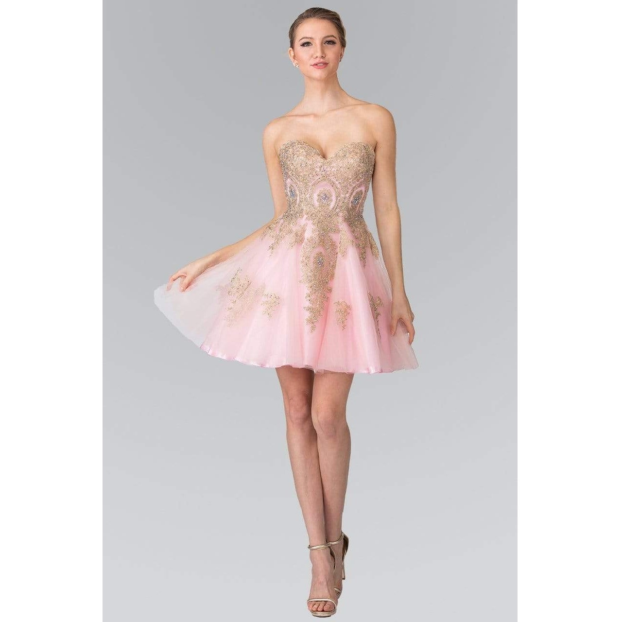 Elizabeth K - GS2371 Strapless Sweetheart Gold Lace Applique Dress Sz L