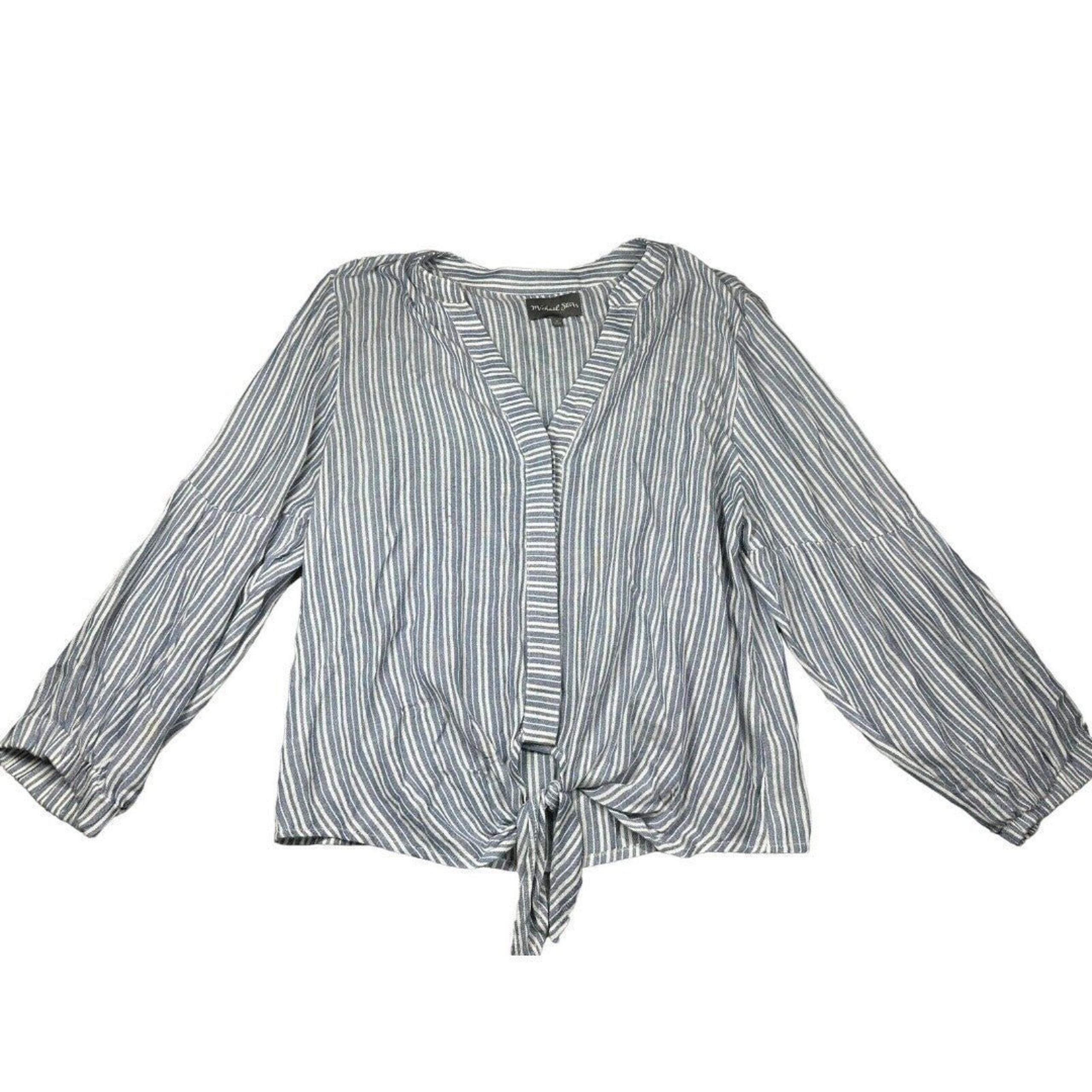 Michael Stars Blue Striped Long Sleeve Button Down Knotted Front Top Size M
