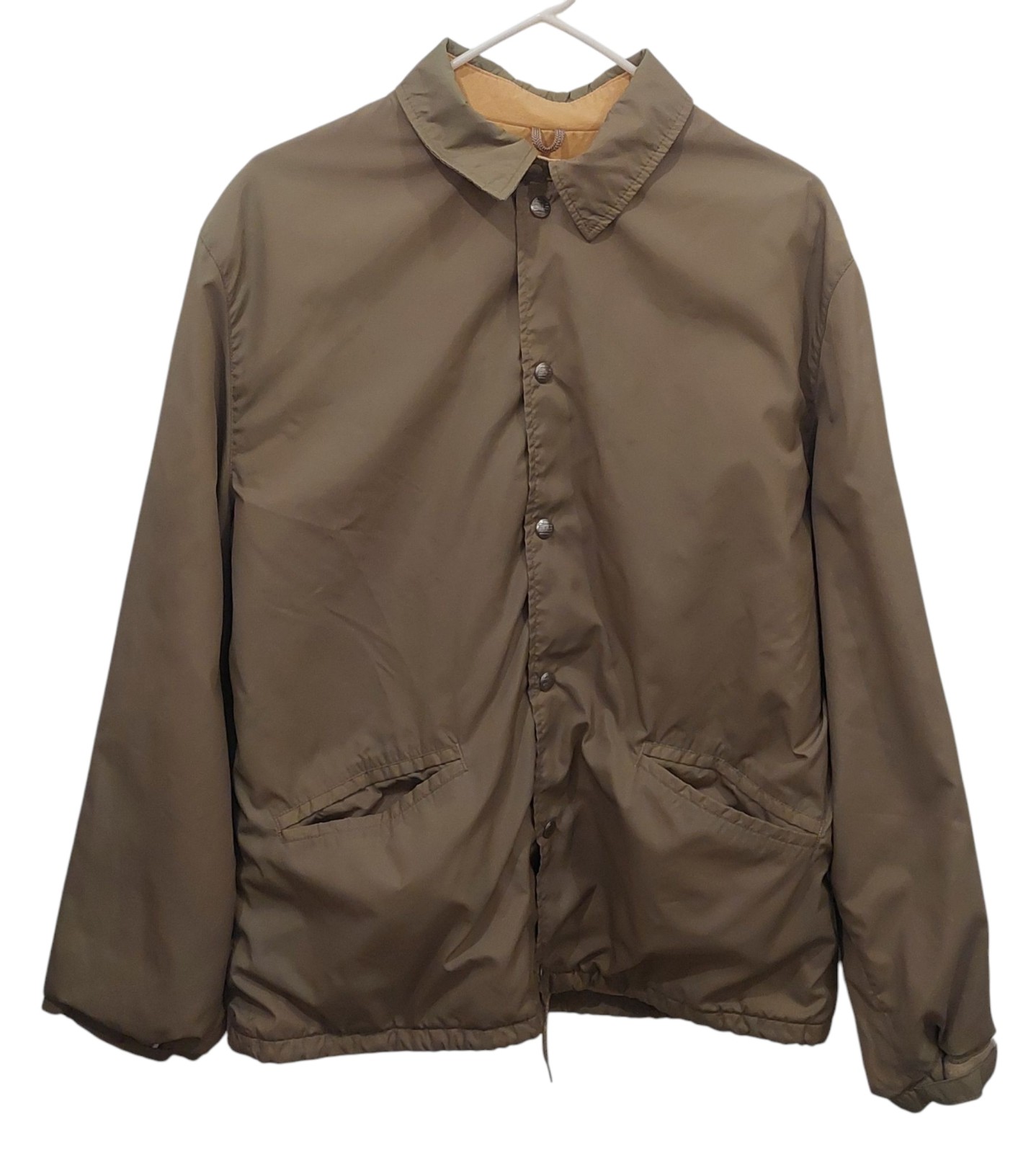 Vintage LL Bean Chamois Flannel Lined Snap Front Chin Strap Tan Mens Jacket Tan