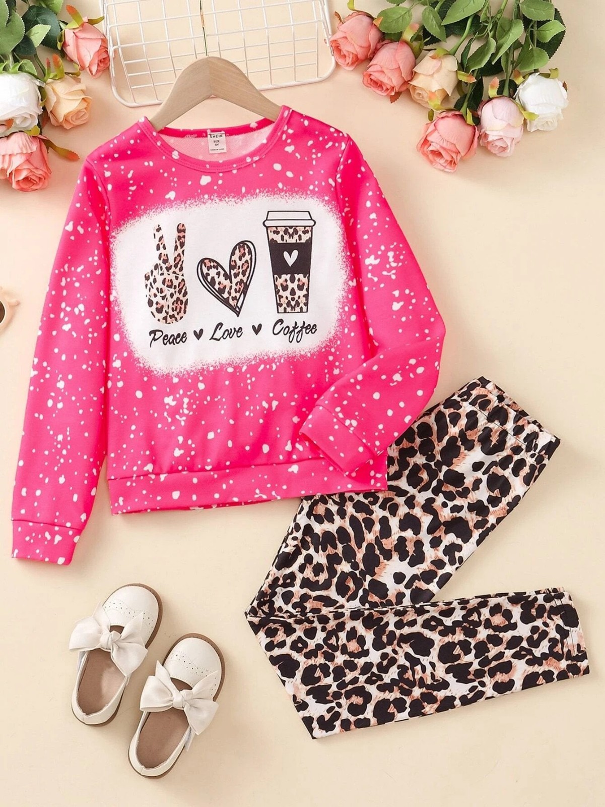 Letter Graphic Pullover & Leopard Print Leggings for Girls 8-9Y (53 IN)
