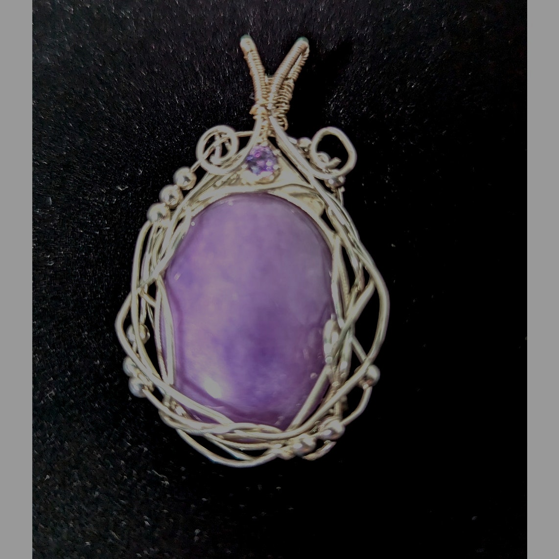 Phosphosiderite and Amethyst Pendant Lavender wire wrapped SS+ silver filled