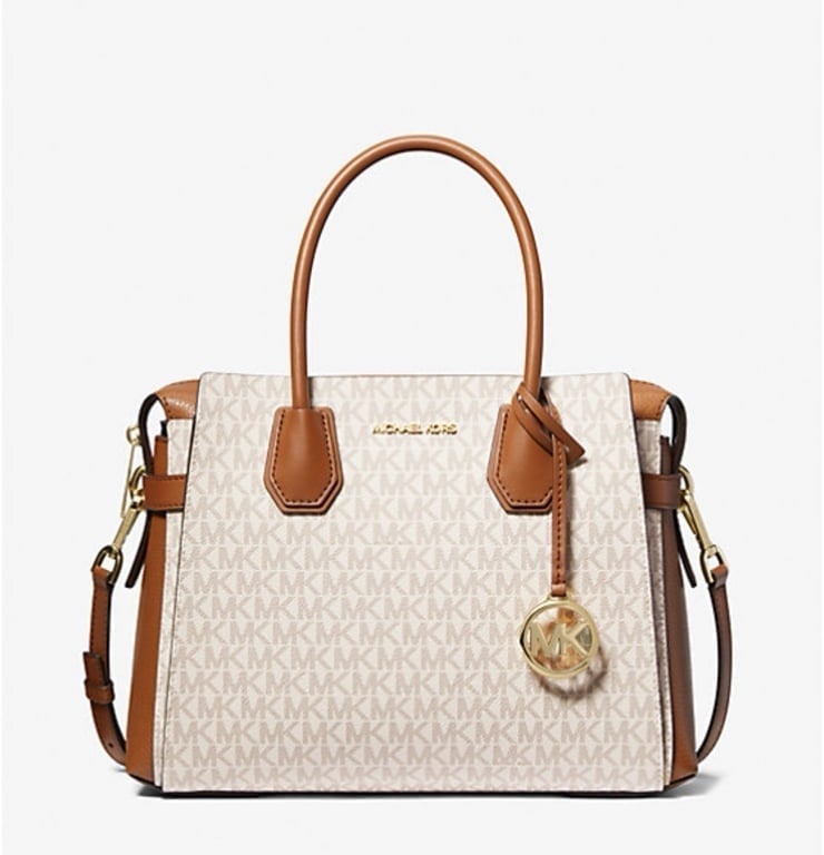MICHAEL KORS Mercer Medium Logo and Leather Belted Satchel Crossbody Vanilla NWT