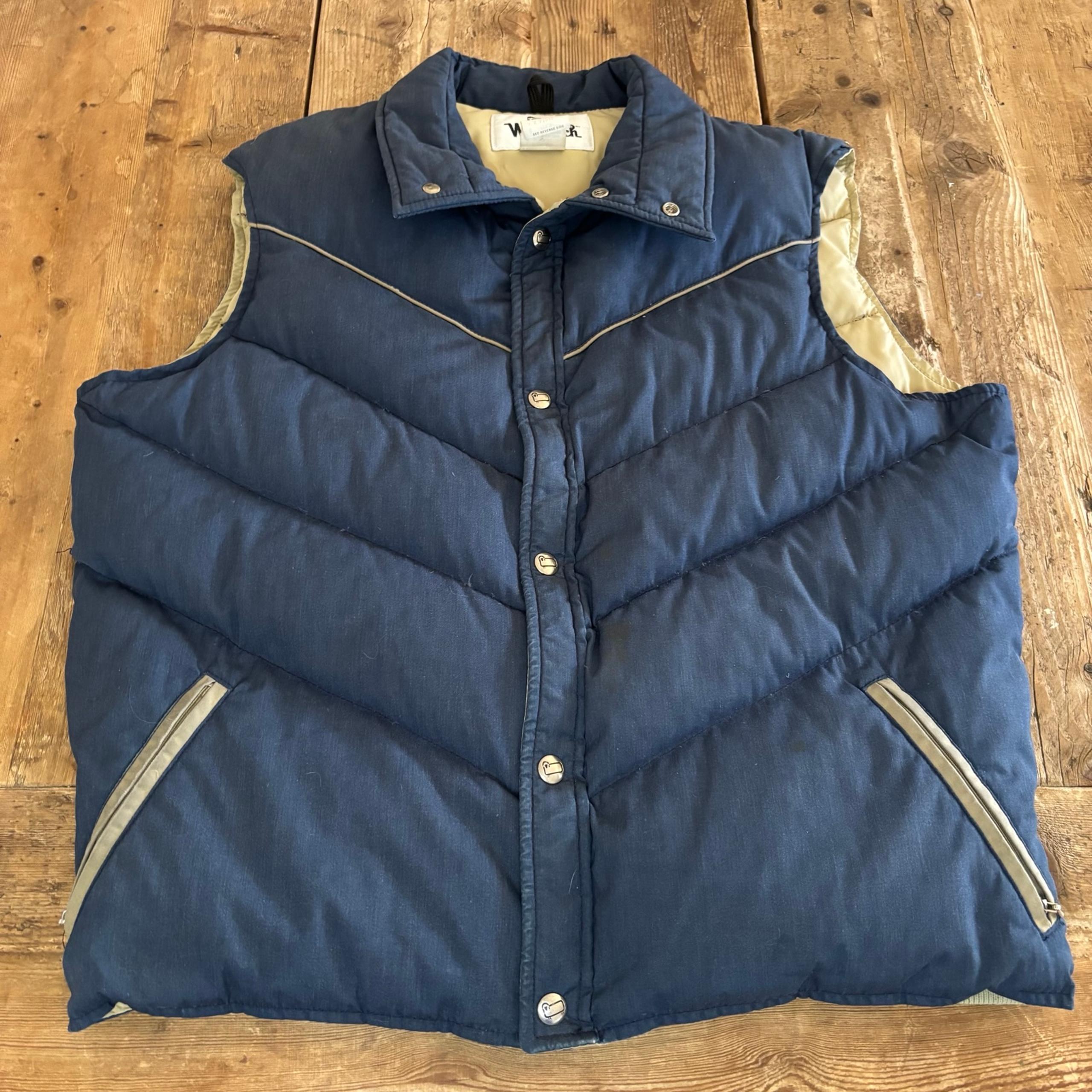 Vintage 70s Goose Down Puffer Vest Men’s Large Navy Blue Snap Front - Woolrich