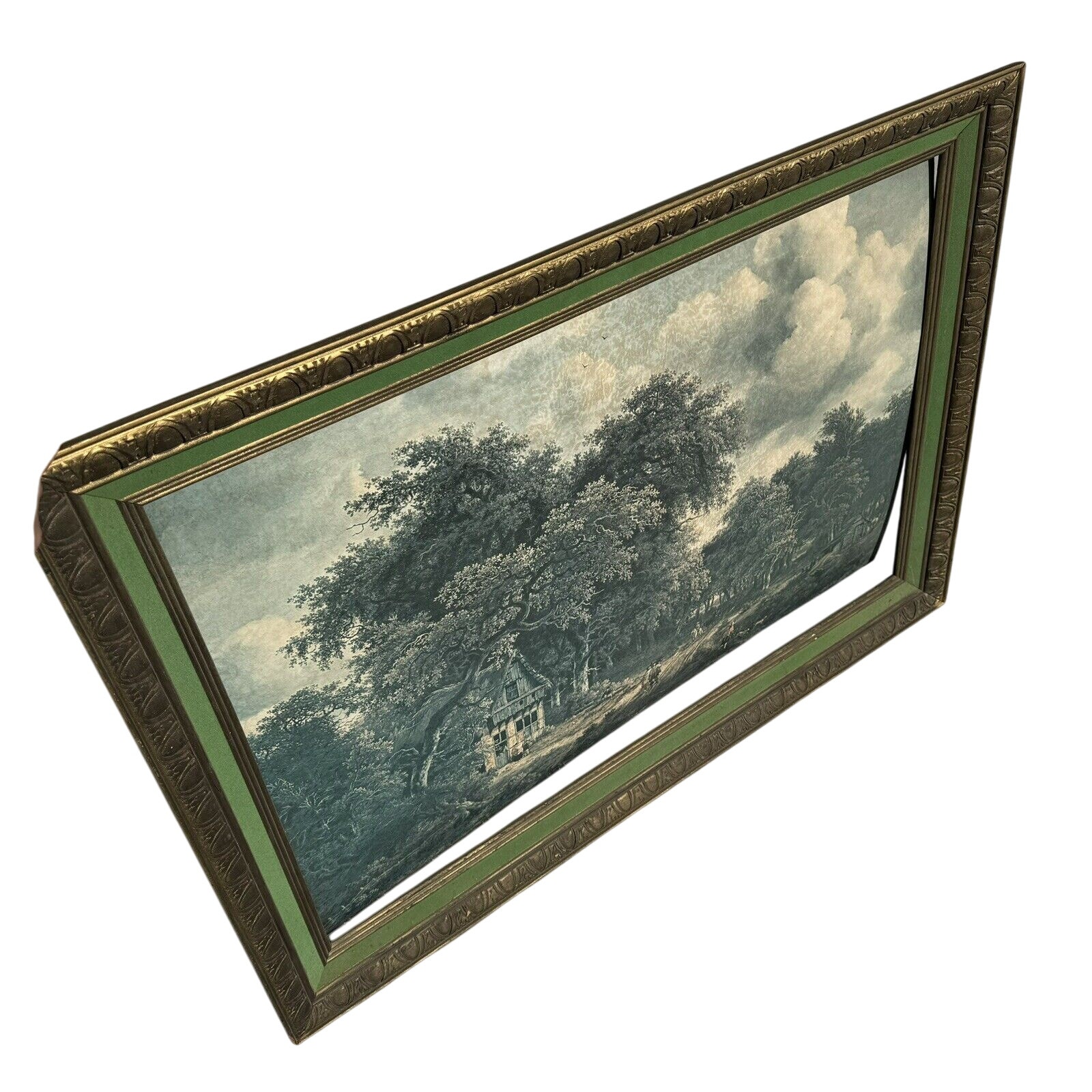 VTG LARGE Ornate Gold Framed Cottage House Trees Clouds Lithograph Print 29x41