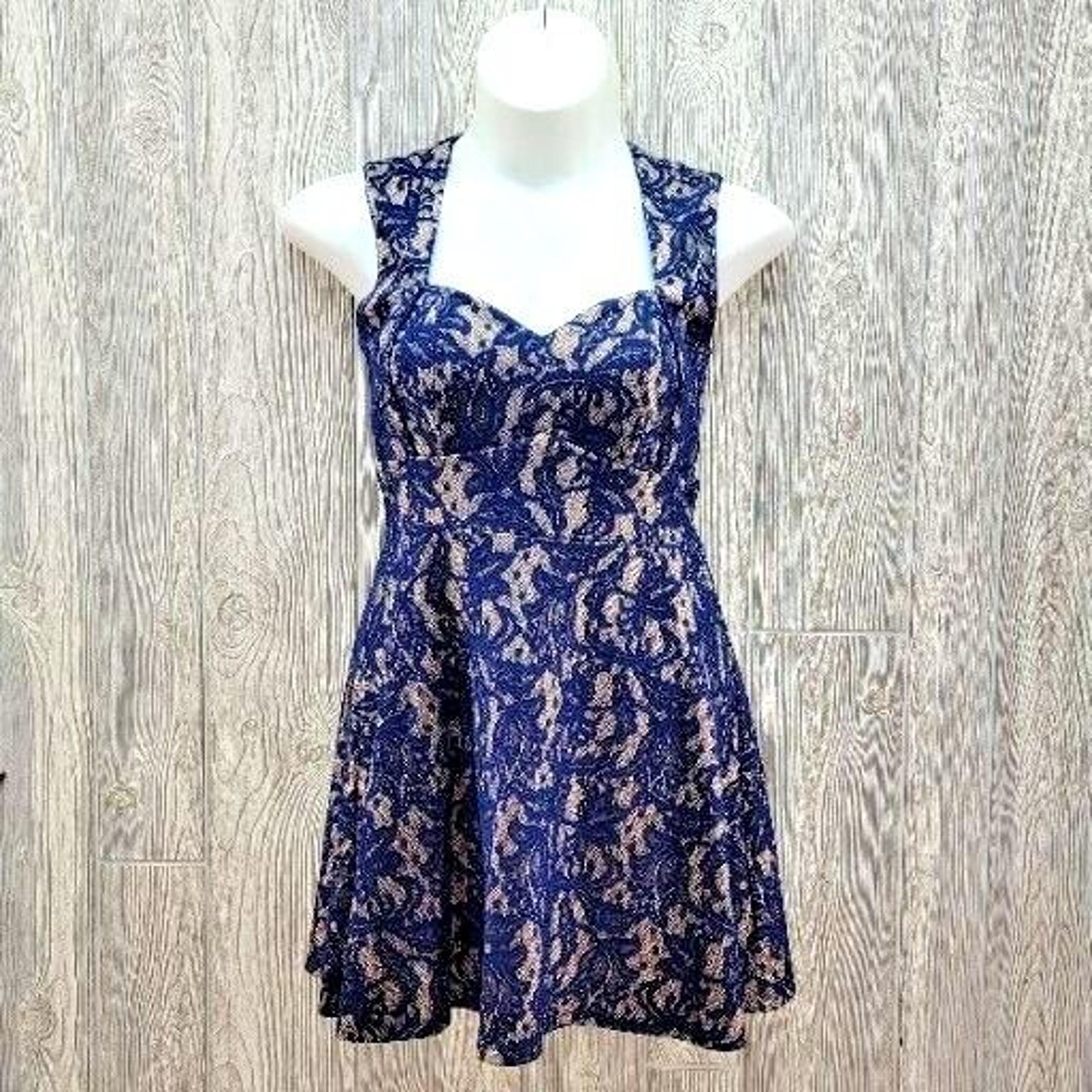 Floral Lace Mini Dress Womens Large Sweetheart Neckline Navy & Beige Sleeveless